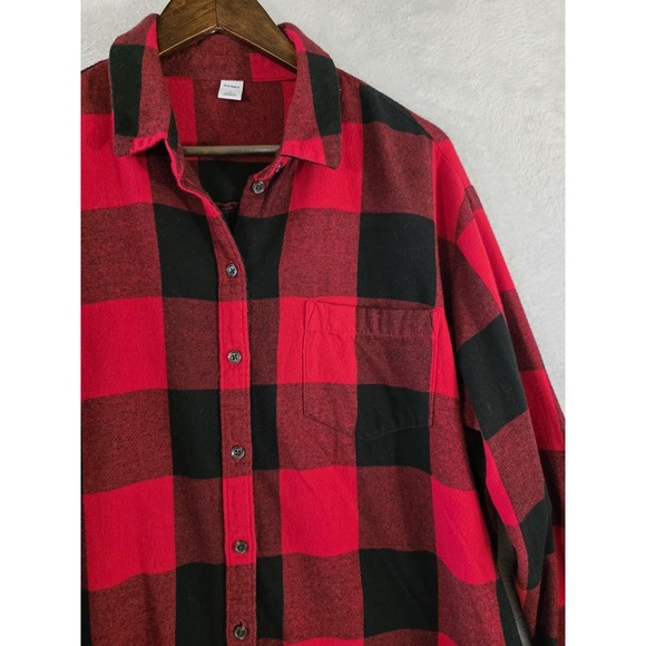 Old Navy Shirt Womens Lg Red Black Plaid Flannel Button Up Long‎ Sleeve Cotton - Picture 4 of 10